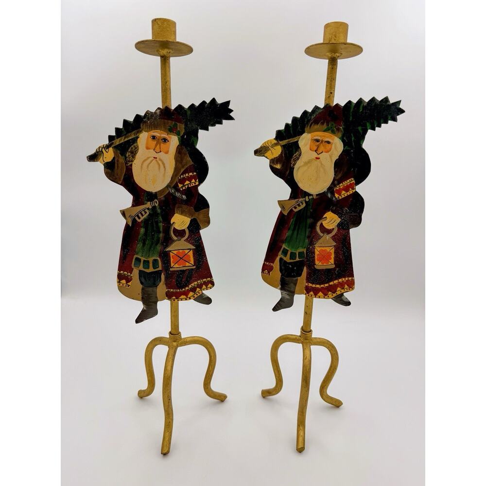 Vintage Hand Painted Santa Candle Holders Pair, Made in India Folk Art